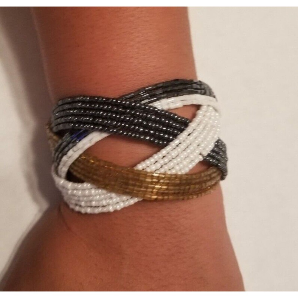 VTG White, Gold, Black Tone Bracelet Twisted Beaded Cuff Band Wide Retro Bangle - Picture 5 of 5